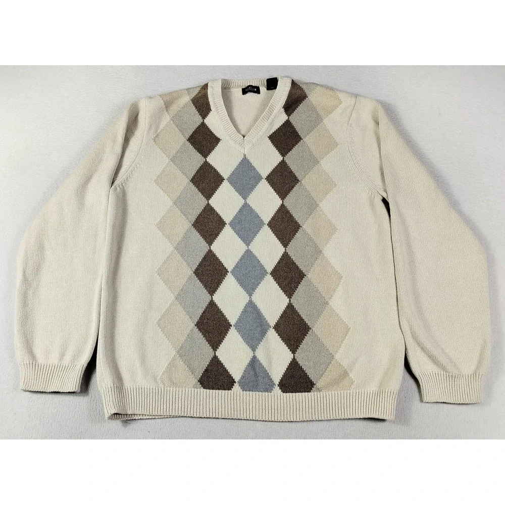 Van Heusen Sweater Mens XL Beige Argyle Cotton Grandpacore Eclectic Grandpa